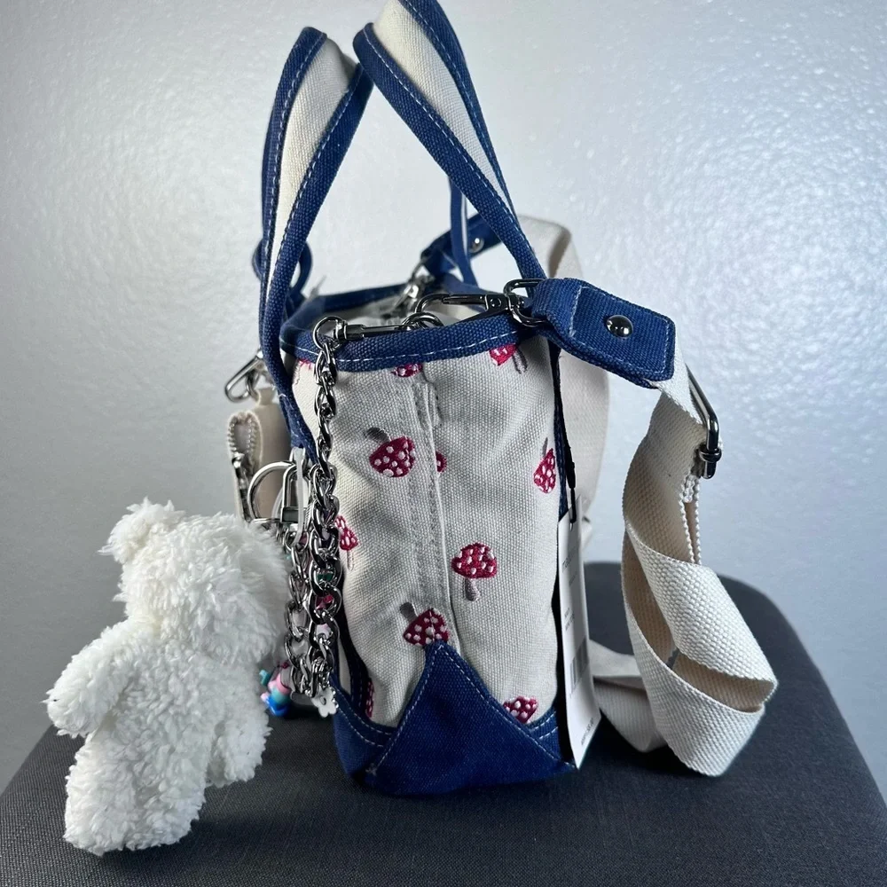 Madden Girl Mini Tote Mushroom Navy Blue Teddy Bear Jeweled Keychains - Picture 3 of 7